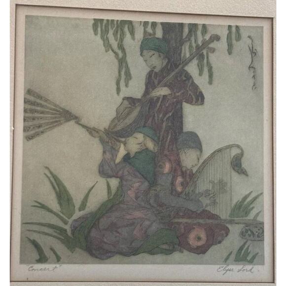 Elyse Ashe Lord Pencil signed etching “Concert”Framed Matted Antique - Picture 2 of 9
